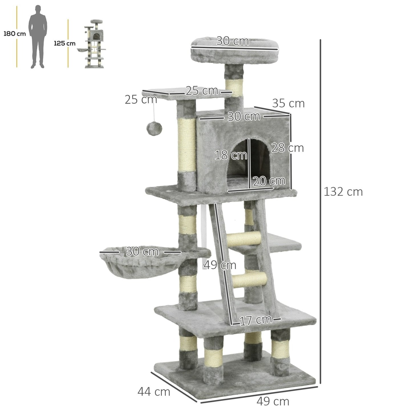 132cm Cat Tree with Scratching Post, House, Hammock, Grey