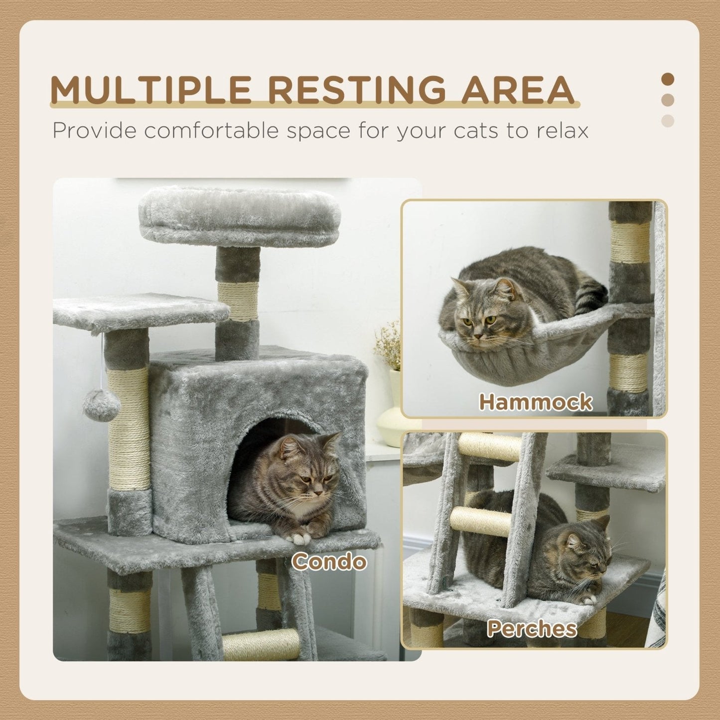 132cm Cat Tree with Scratching Post, House, Hammock, Grey