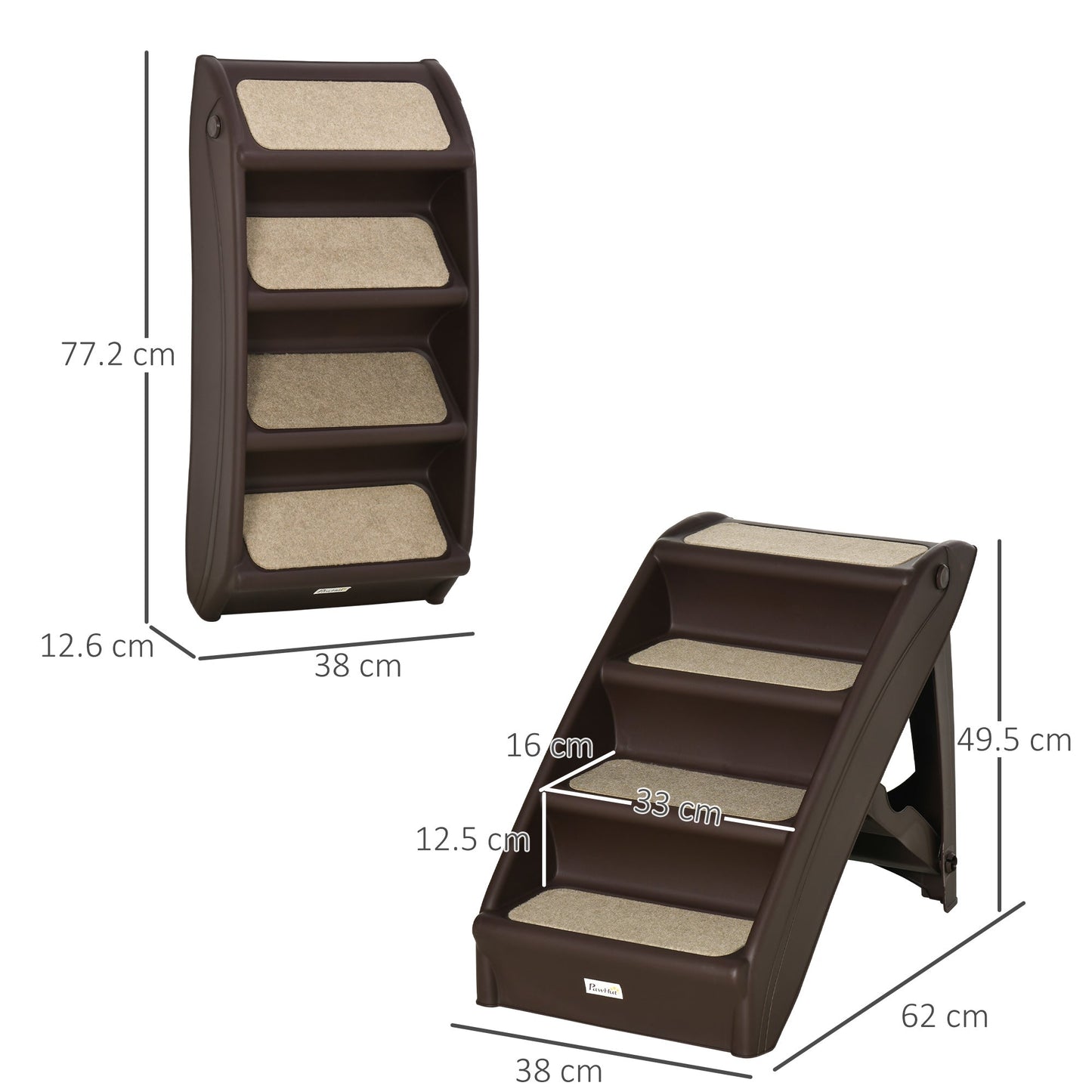 Foldable Pet Stairs, 4-Step for Cats Small Dogs with Non-slip Mats, 62 x 38 x 49.5 cm, Dark Brown