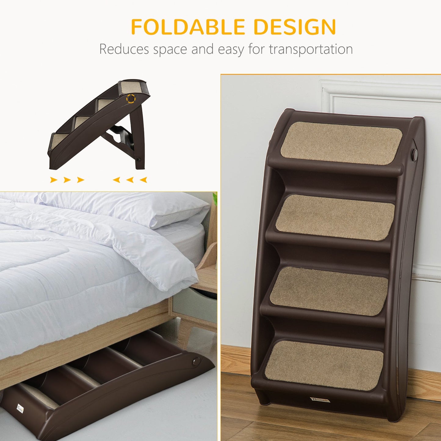 Foldable Pet Stairs, 4-Step for Cats Small Dogs with Non-slip Mats, 62 x 38 x 49.5 cm, Dark Brown