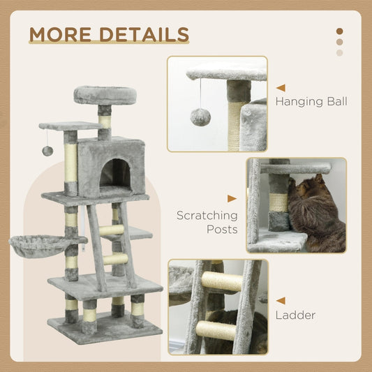 132cm Cat Tree with Scratching Post, House, Hammock, Grey