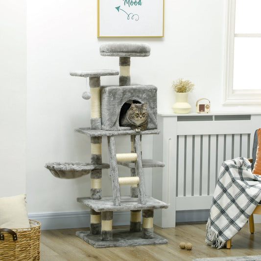 132cm Cat Tree with Scratching Post, House, Hammock, Grey
