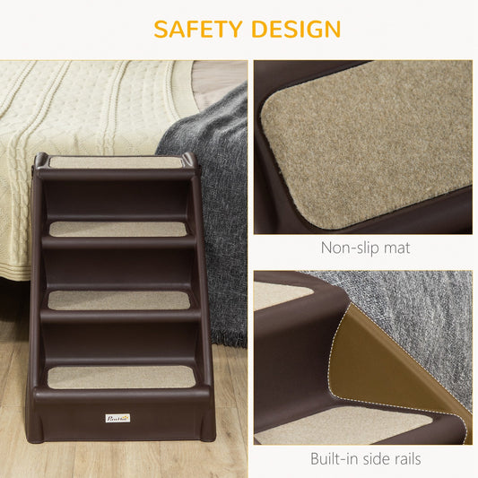 Foldable Pet Stairs, 4-Step for Cats Small Dogs with Non-slip Mats, 62 x 38 x 49.5 cm, Dark Brown